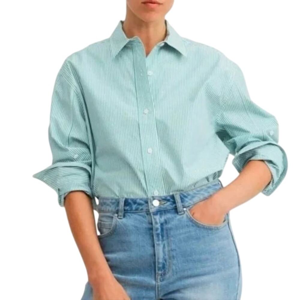 Everlane Striped Button-Up Shirt Long Sleeve Cotton Top Mint Green Womens 6 NWOT